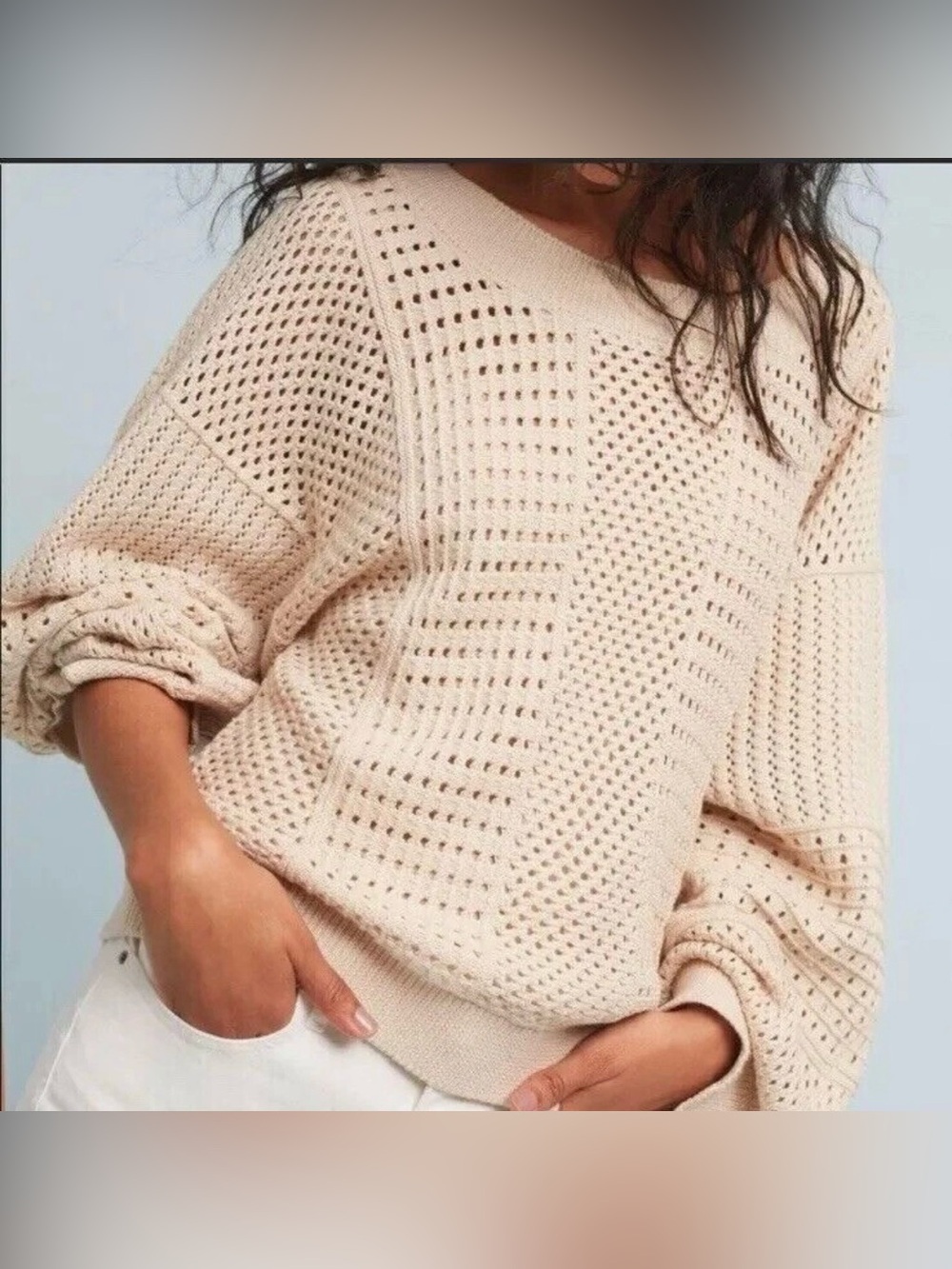 Anthropologie MOTH Sweater Women Small Sand Reese Kimono Sleeve Crochet Pullover